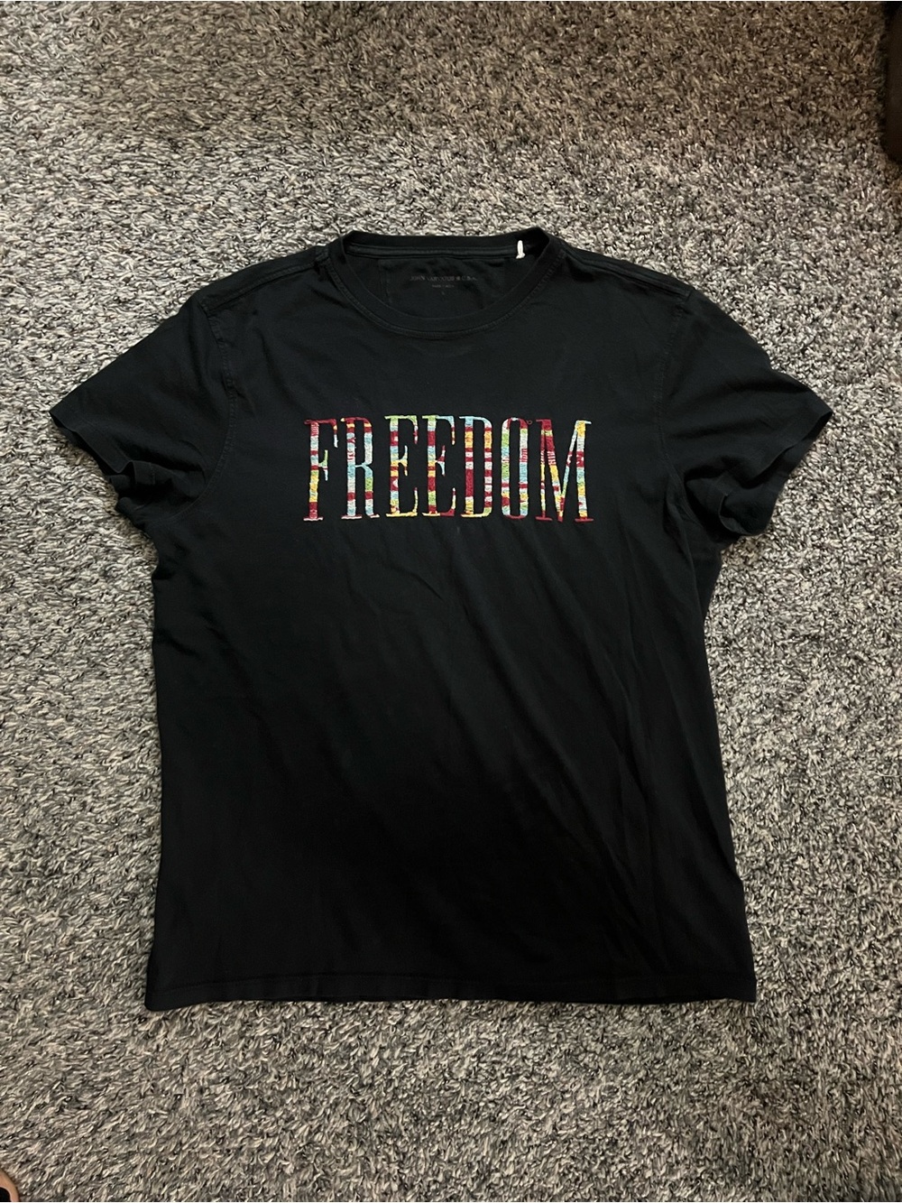John Varvatos Black Tee with Multicolor 'FREEDOM' Print